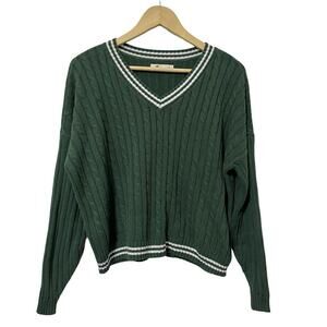Hollister V Neck Cotton Pullover Cable Knit Sweater Size S Green Preppy Academia
